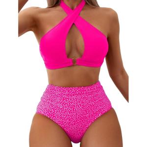imageSOLY HUX Womens 2 Piece Swimsuit Polka Dots Print Bikini Set Criss Cross Halter High Waisted Bathing SuitsHotpink Print