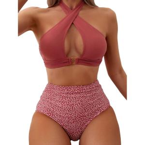 imageSOLY HUX Womens 2 Piece Swimsuit Polka Dots Print Bikini Set Criss Cross Halter High Waisted Bathing SuitsRusty Rose Print