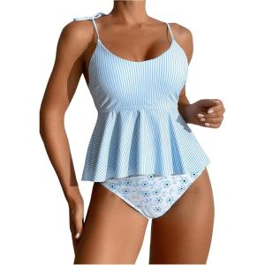 imageSOLY HUX Womens Bathing Suit Striped Ruffled Hem Bikini Tankini Two Piece SwimsuitBlue Floral