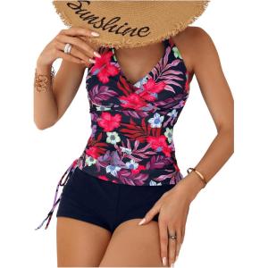 imageSOLY HUX Womens Beachwear Floral Print Tankini Bathing Suits Swim Tank Top with Boy Shorts Two Piece SwimsuitDark Blue Multi