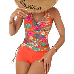 imageSOLY HUX Womens Beachwear Floral Print Tankini Bathing Suits Swim Tank Top with Boy Shorts Two Piece SwimsuitOrange Tropical