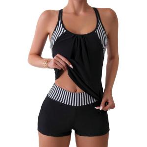imageSOLY HUX Womens Beachwear Tankini Bathing Suits Swim Tank Top with Boy Shorts Two Piece SwimsuitBlack Striped