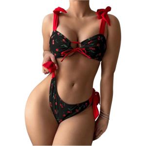imageSOLY HUX Womens Bikini Sets Cute Print Lace Up String Bathing Suits Tie Shoulder Two Piece SwimsuitsBlack Cherry