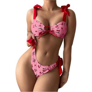 imageSOLY HUX Womens Bikini Sets Cute Print Lace Up String Bathing Suits Tie Shoulder Two Piece SwimsuitsHotpink Cherry