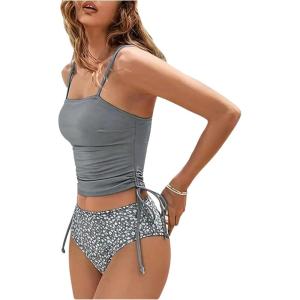 imageSOLY HUX Womens Floral Print Bathing Suit Ruched Drawstring Side Tankini Sets Two Piece SwimsuitGrey Floral