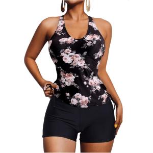 imageSOLY HUX Womens Floral Print Tankini Bathing Suits Swim Tank Top with Boy Shorts Two Piece SwimsuitBlack Floral