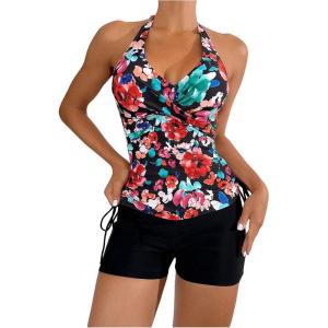 imageSOLY HUX Womens Floral Print Tankini Bathing Suits Swim Tank Top with Boy Shorts Two Piece SwimsuitFloral Black