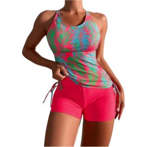 imageSOLY HUX Womens Floral Print Tankini Bathing Suits Swim Tank Top with Boy Shorts Two Piece SwimsuitHot Pink Printed