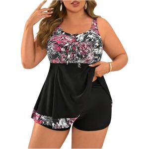 imageSOLY HUX Womens Plus Size Swimwear Floral Print Tankini Set Summer Beach Vacation Bathing SuitsBlack Floral