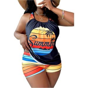 imageSOLY HUX Womens Plus Size Tankini Swimsuits Striped Tropical Print Two Piece Bathing Suit Top and Shorts SetMulticoloured Striped