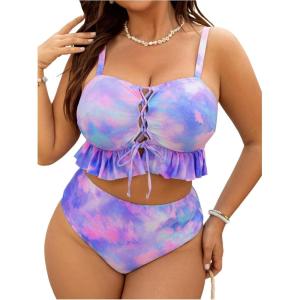 imageSOLY HUX Womens Plus Size Tie Dye Swimsuits Lace Up Ruffle Tankini Set High Waisted Bathing SuitsPurple Multi