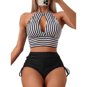 imageSOLY HUX Womens Tankini Set Striped Cut Out Tops and Drawstring Side Shorts Bikini Bathing Suits 2 Piece SwimsuitBlack and White Striped