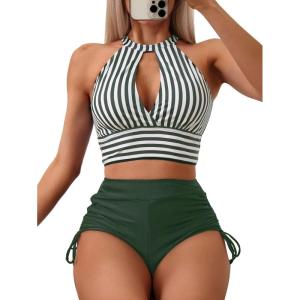 imageSOLY HUX Womens Tankini Set Striped Cut Out Tops and Drawstring Side Shorts Bikini Bathing Suits 2 Piece SwimsuitGreen Striped