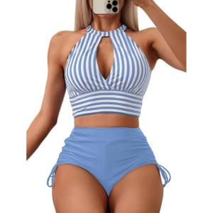 imageSOLY HUX Womens Tankini Set Striped Cut Out Tops and Drawstring Side Shorts Bikini Bathing Suits 2 Piece SwimsuitLight Blue Striped