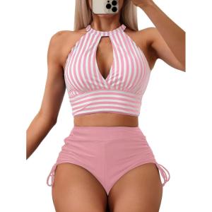 imageSOLY HUX Womens Tankini Set Striped Cut Out Tops and Drawstring Side Shorts Bikini Bathing Suits 2 Piece SwimsuitLight Pink Striped
