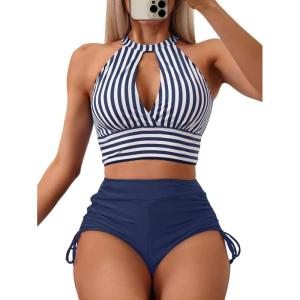 imageSOLY HUX Womens Tankini Set Striped Cut Out Tops and Drawstring Side Shorts Bikini Bathing Suits 2 Piece SwimsuitMulti Striped