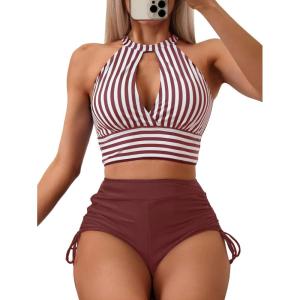 imageSOLY HUX Womens Tankini Set Striped Cut Out Tops and Drawstring Side Shorts Bikini Bathing Suits 2 Piece SwimsuitMulticoloured Striped