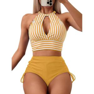 imageSOLY HUX Womens Tankini Set Striped Cut Out Tops and Drawstring Side Shorts Bikini Bathing Suits 2 Piece SwimsuitYellow Striped