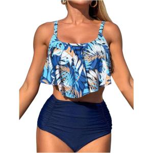 imageSOLY HUX Womens Two Piece Bathing Suit Tropical Print Flounce Ruched High Waisted Tankini SwimsuitsDark Blue Tropical