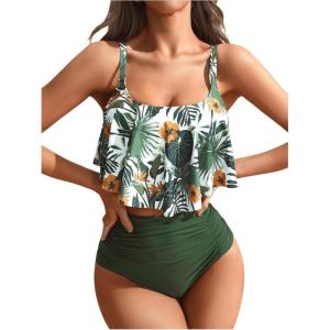 imageSOLY HUX Womens Two Piece Bathing Suit Tropical Print Flounce Ruched High Waisted Tankini SwimsuitsMulticoloured Tropical