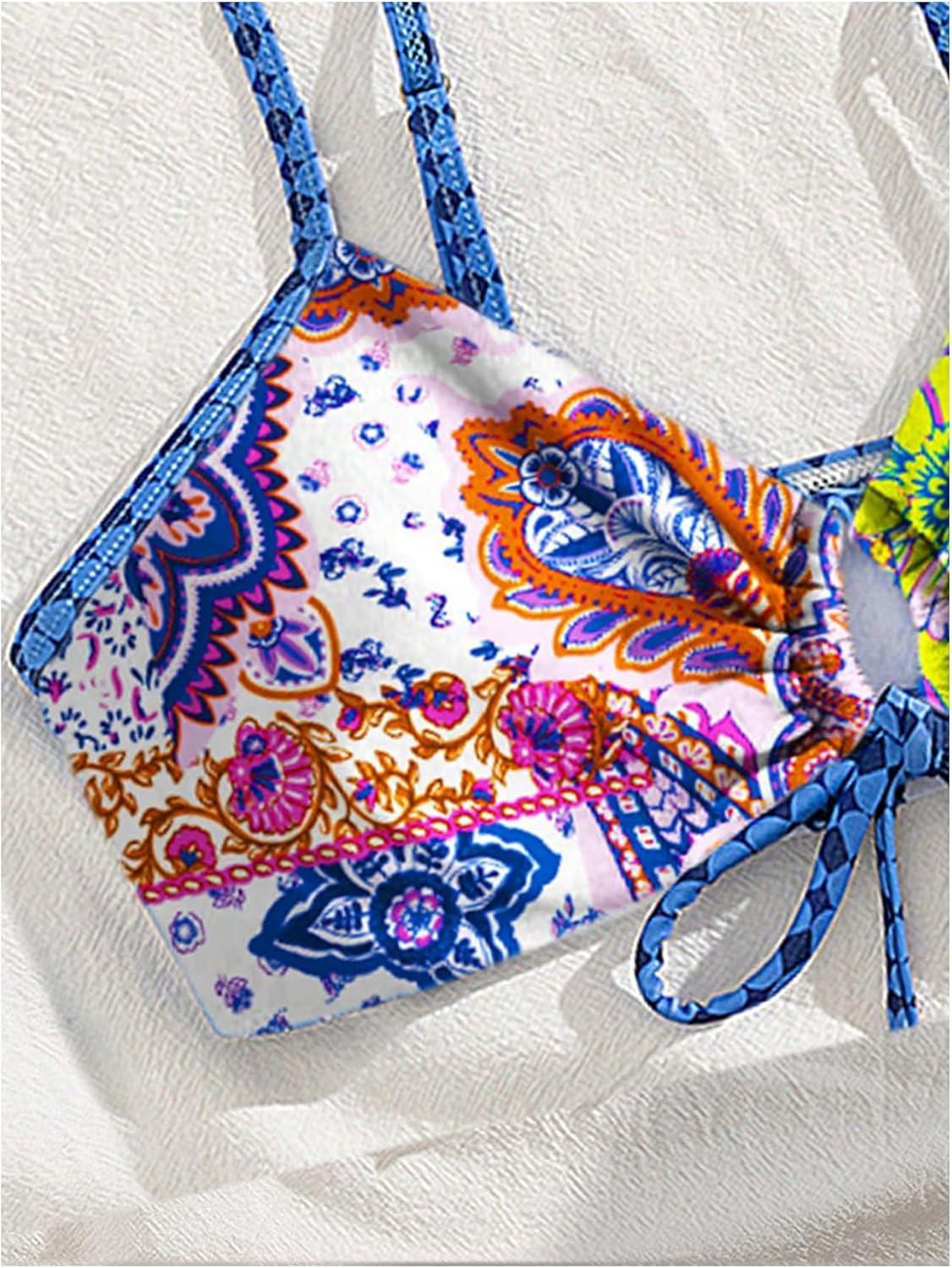 imageSOLY HUX Bathing Suit for Women Boho Paisley Print Tie Front Cut Out Swimsuit Two Piece Bikini SetsBlue Paisley