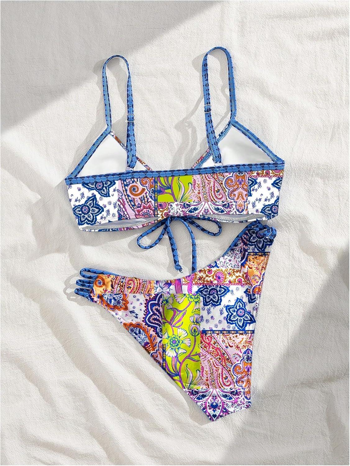 imageSOLY HUX Bathing Suit for Women Boho Paisley Print Tie Front Cut Out Swimsuit Two Piece Bikini SetsBlue Paisley