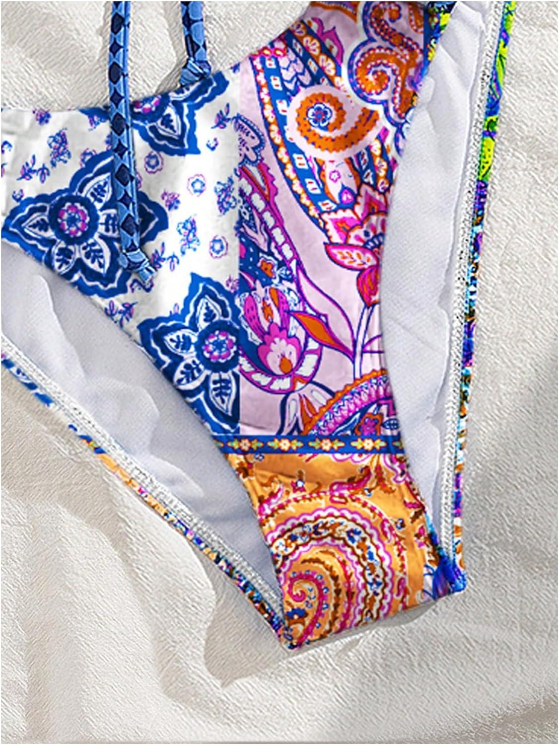 imageSOLY HUX Bathing Suit for Women Boho Paisley Print Tie Front Cut Out Swimsuit Two Piece Bikini SetsBlue Paisley