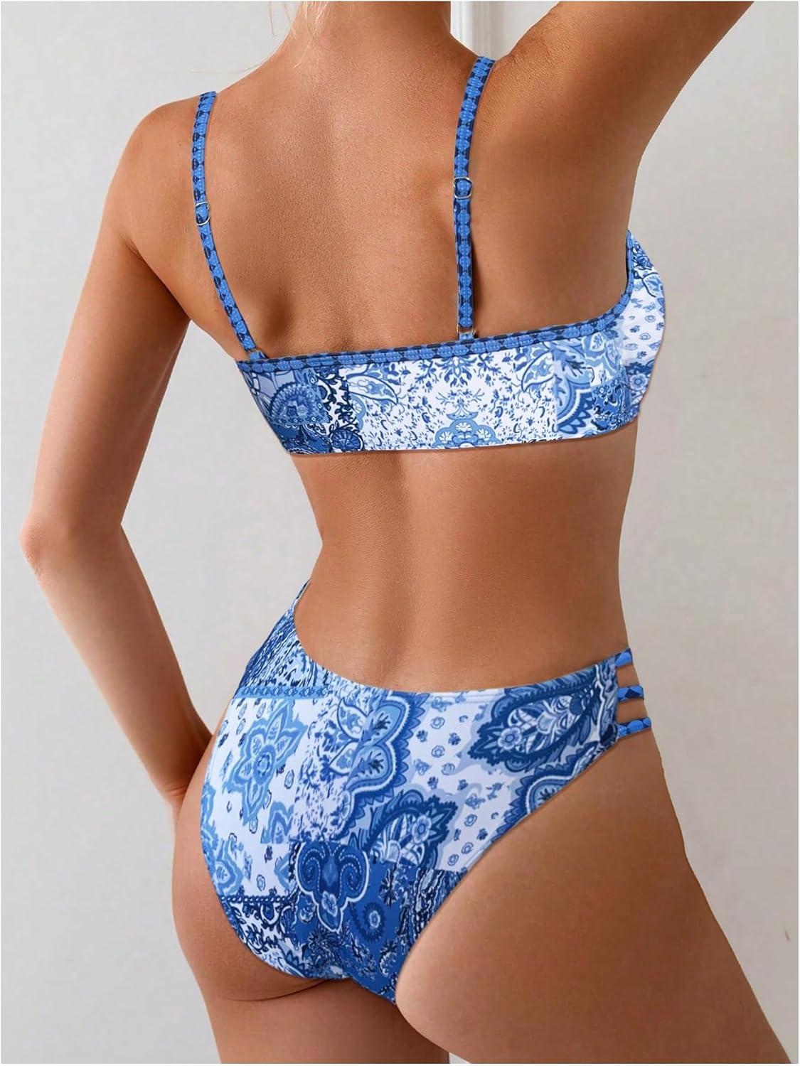 imageSOLY HUX Bathing Suit for Women Boho Paisley Print Tie Front Cut Out Swimsuit Two Piece Bikini SetsBlue Printed