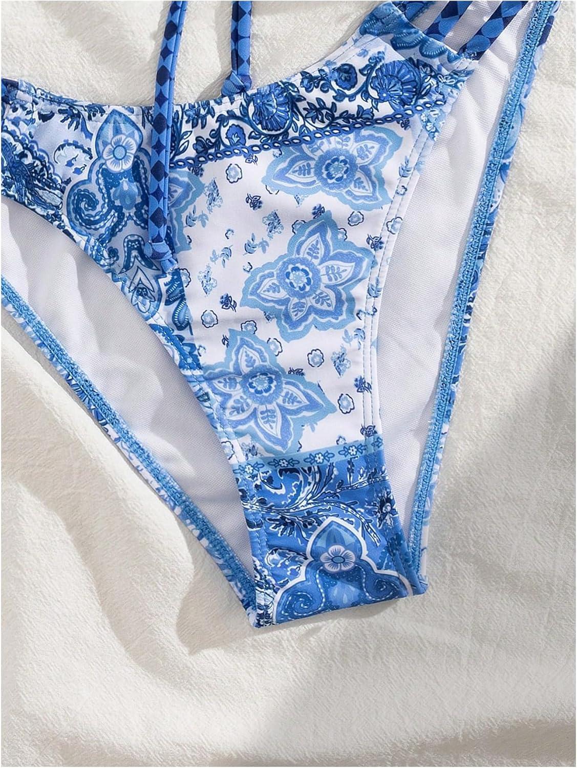 imageSOLY HUX Bathing Suit for Women Boho Paisley Print Tie Front Cut Out Swimsuit Two Piece Bikini SetsBlue Printed