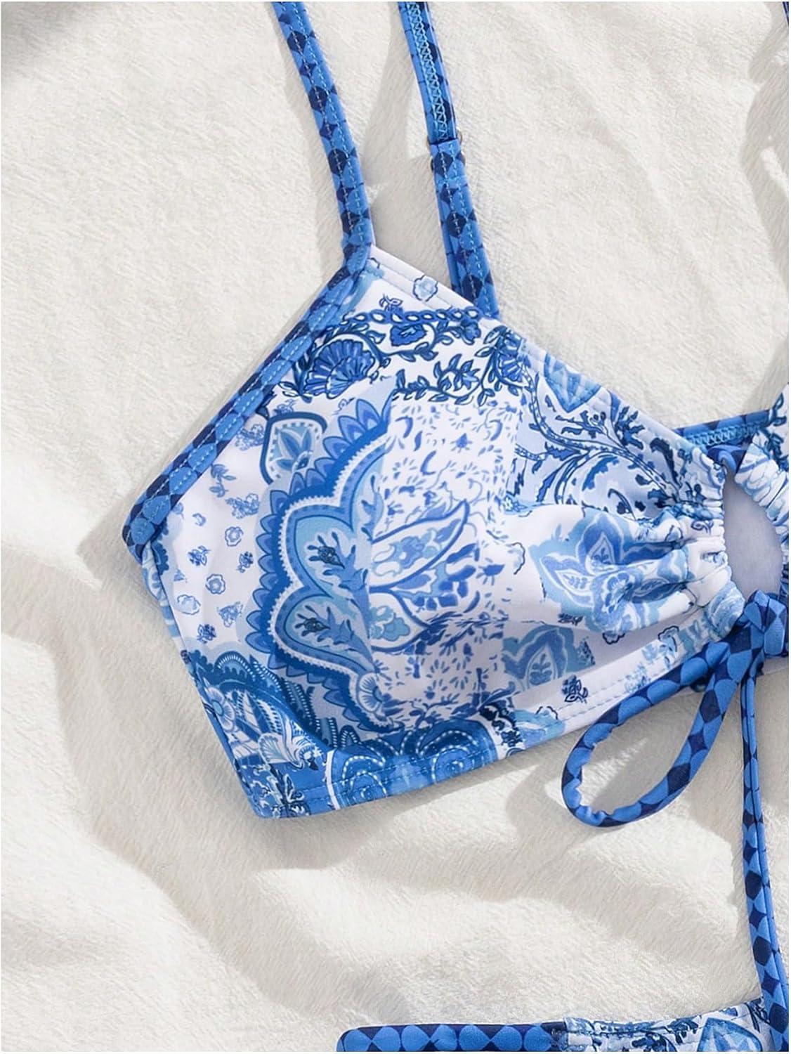 imageSOLY HUX Bathing Suit for Women Boho Paisley Print Tie Front Cut Out Swimsuit Two Piece Bikini SetsBlue Printed