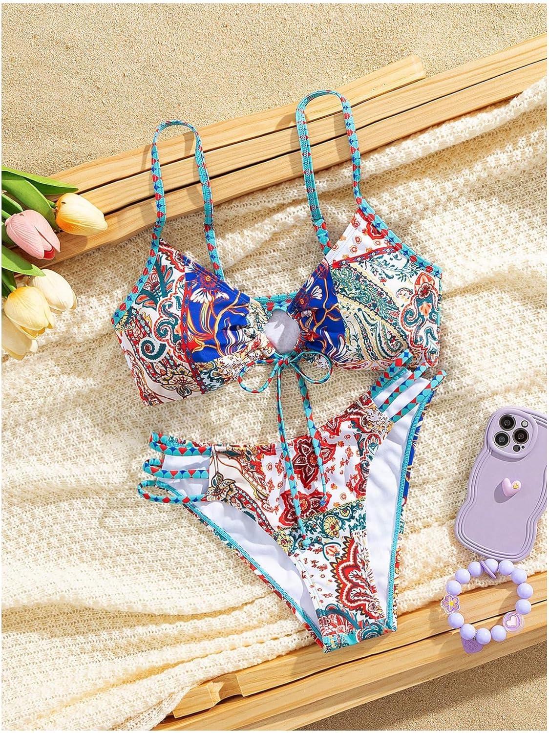 imageSOLY HUX Bathing Suit for Women Boho Paisley Print Tie Front Cut Out Swimsuit Two Piece Bikini SetsMulticoloured Print