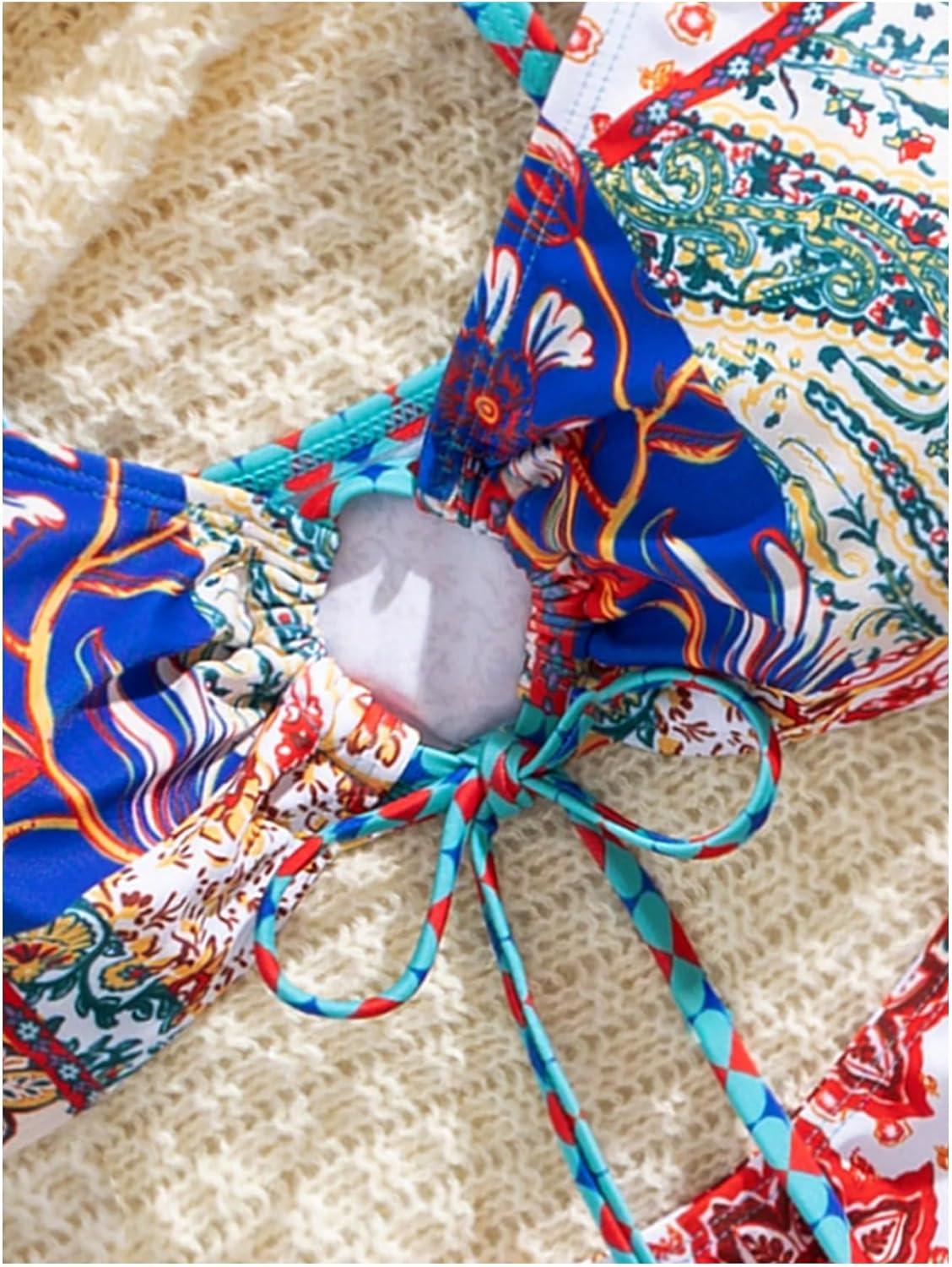 imageSOLY HUX Bathing Suit for Women Boho Paisley Print Tie Front Cut Out Swimsuit Two Piece Bikini SetsMulticoloured Print