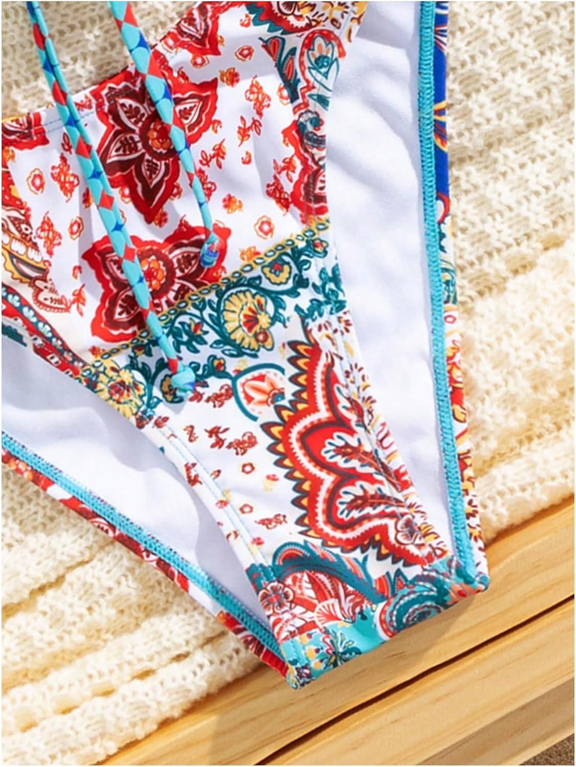 imageSOLY HUX Bathing Suit for Women Boho Paisley Print Tie Front Cut Out Swimsuit Two Piece Bikini SetsMulticoloured Print