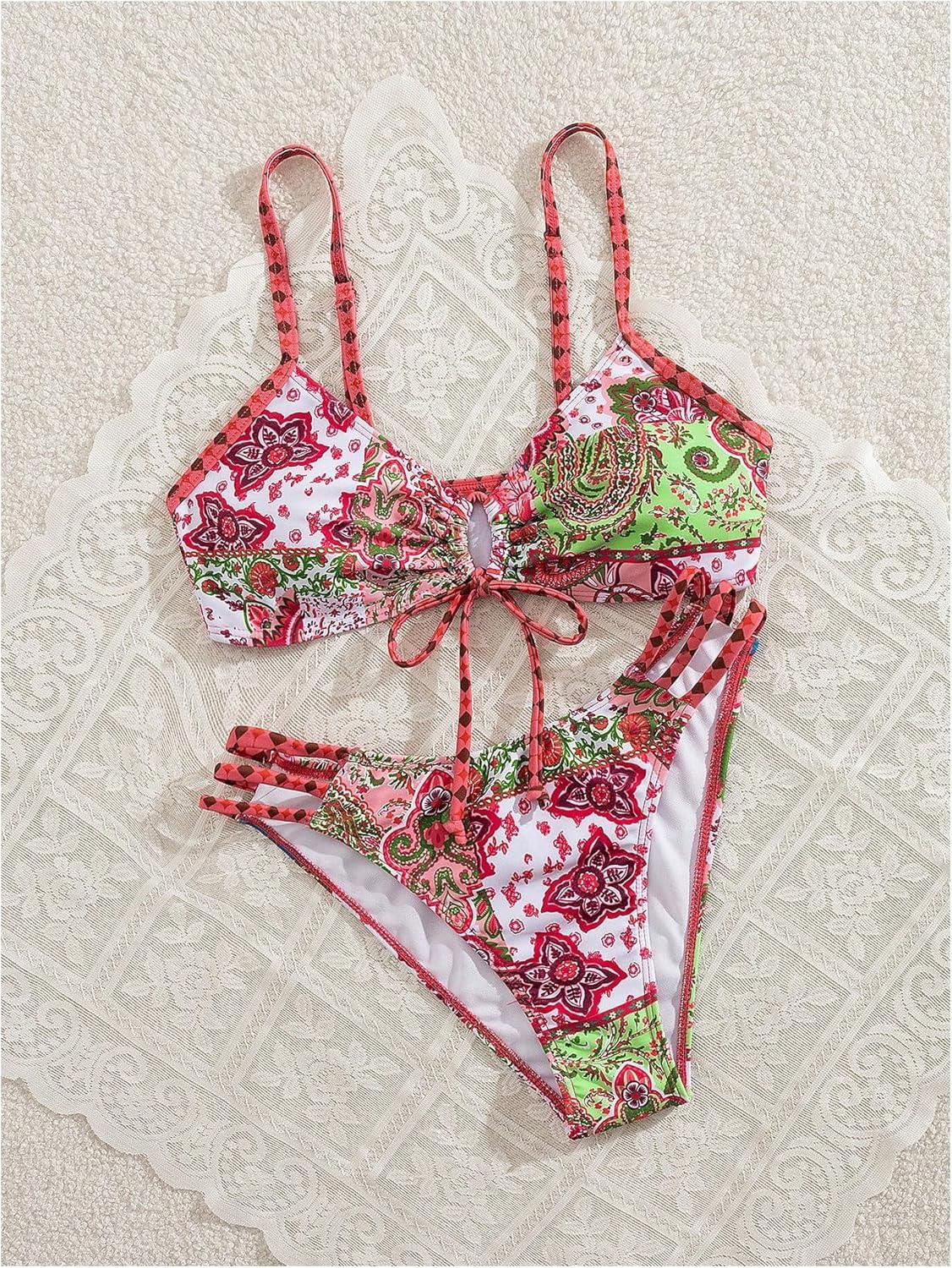 imageSOLY HUX Bathing Suit for Women Boho Paisley Print Tie Front Cut Out Swimsuit Two Piece Bikini SetsRed Printed
