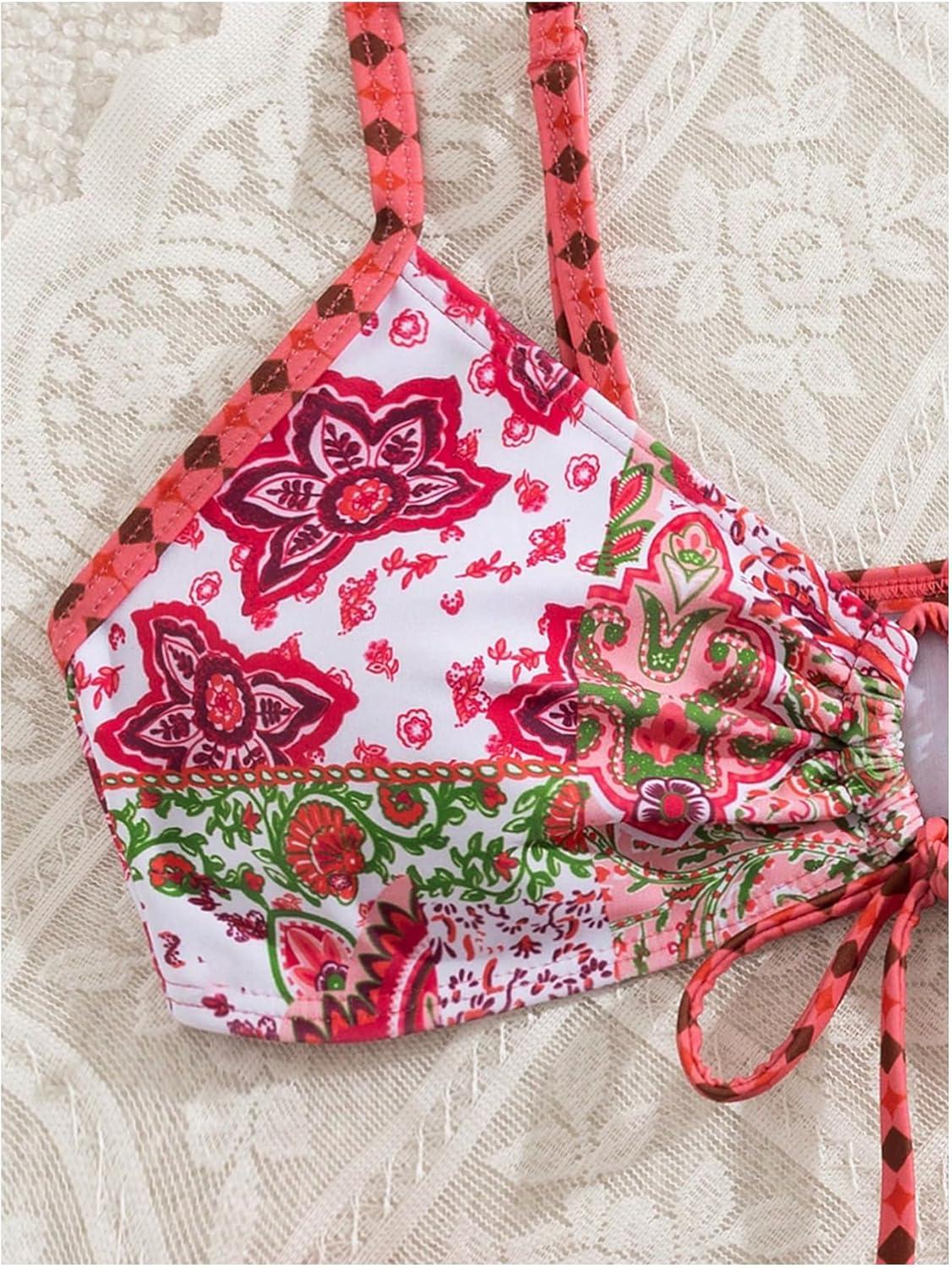 imageSOLY HUX Bathing Suit for Women Boho Paisley Print Tie Front Cut Out Swimsuit Two Piece Bikini SetsRed Printed