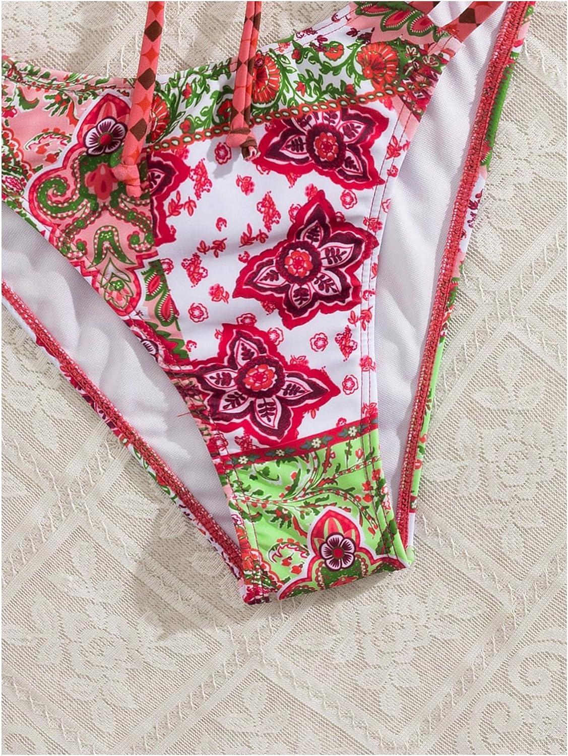 imageSOLY HUX Bathing Suit for Women Boho Paisley Print Tie Front Cut Out Swimsuit Two Piece Bikini SetsRed Printed