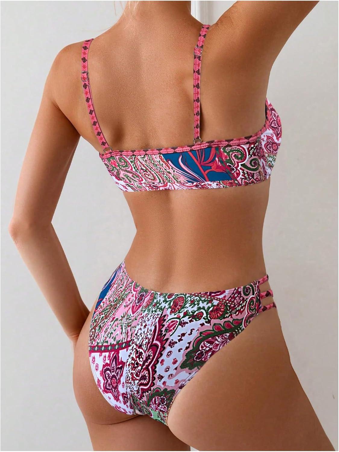imageSOLY HUX Bathing Suit for Women Boho Paisley Print Tie Front Cut Out Swimsuit Two Piece Bikini SetsRed Printed