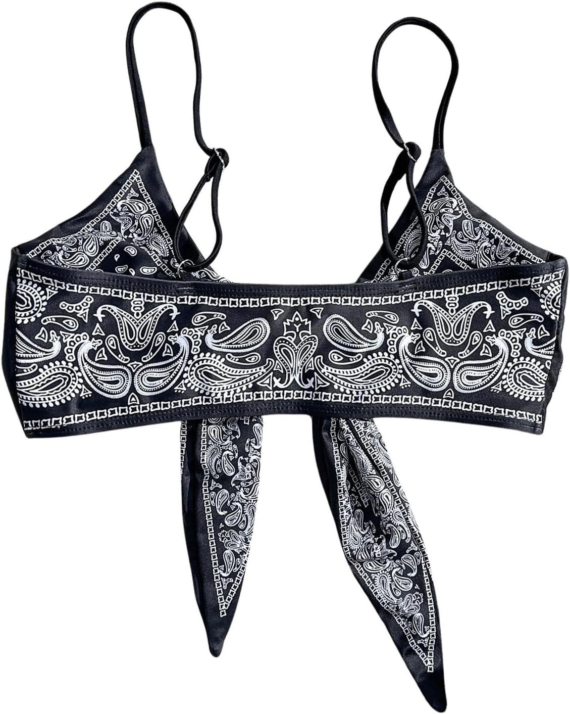 imageSOLY HUX Bikini Tops for Women Paisley Print Tie Front Swimsuit Bathing Suit TopsBlack and White Paisley