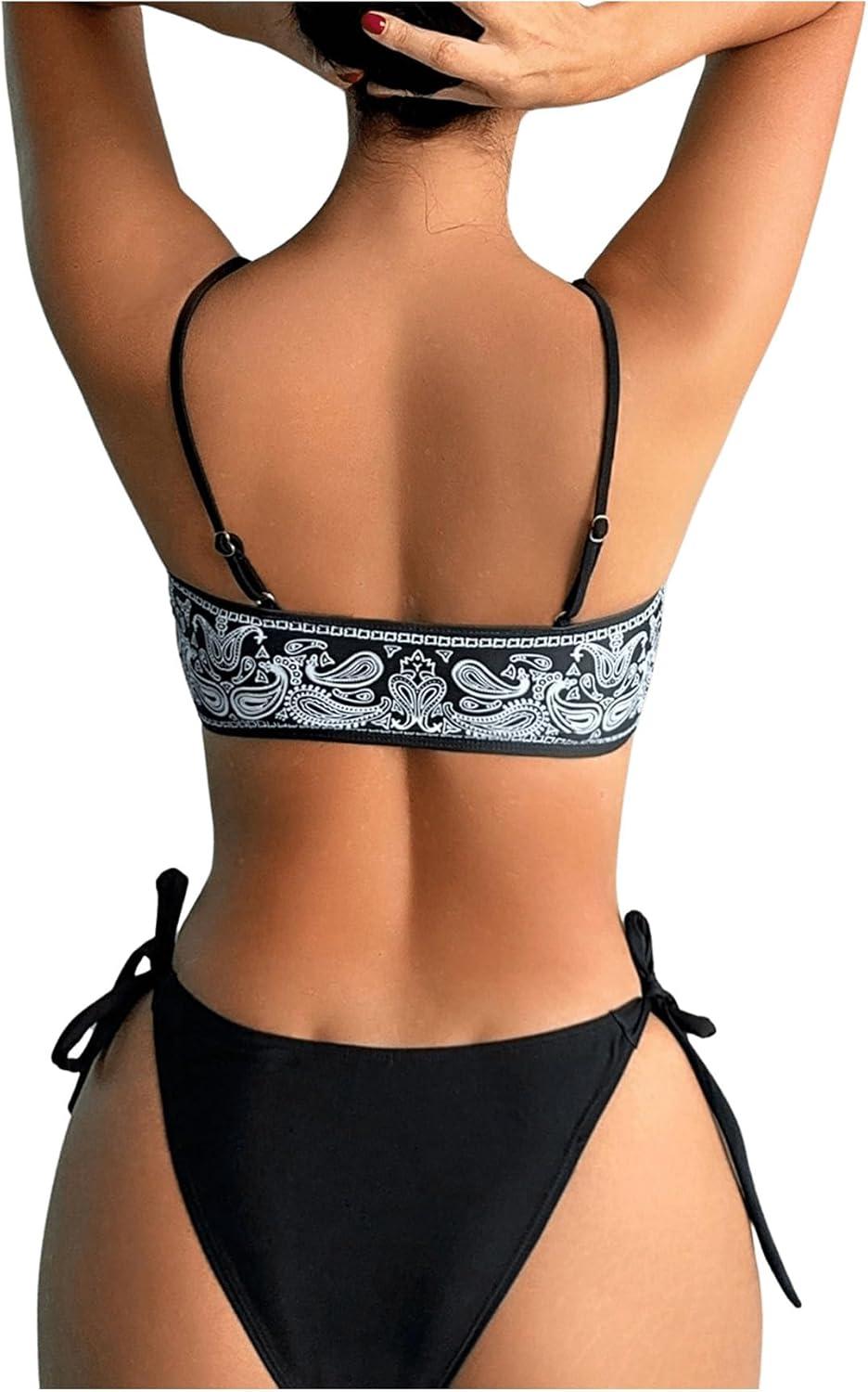 imageSOLY HUX Bikini Tops for Women Paisley Print Tie Front Swimsuit Bathing Suit TopsBlack and White Paisley