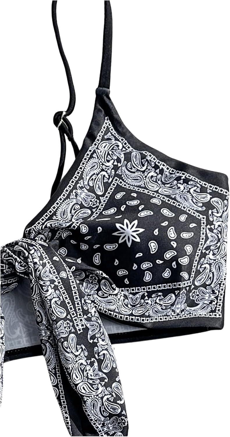 imageSOLY HUX Bikini Tops for Women Paisley Print Tie Front Swimsuit Bathing Suit TopsBlack and White Paisley