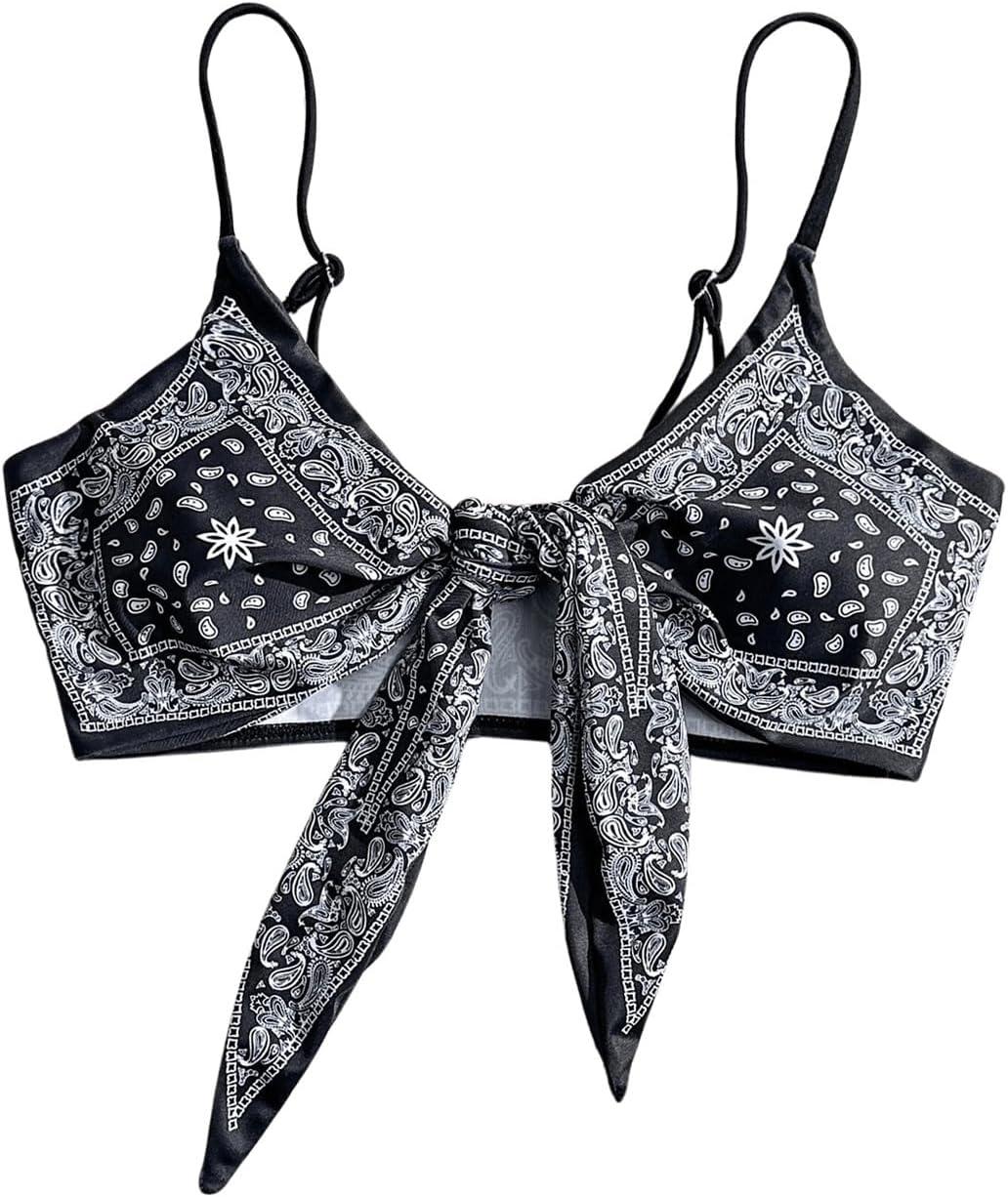 imageSOLY HUX Bikini Tops for Women Paisley Print Tie Front Swimsuit Bathing Suit TopsBlack and White Paisley