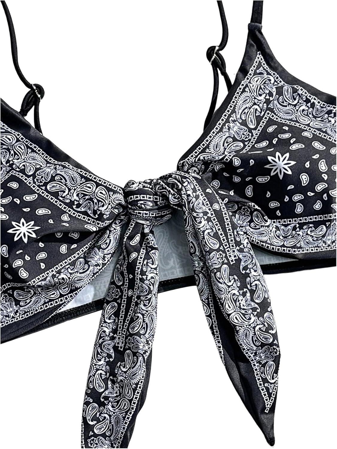 imageSOLY HUX Bikini Tops for Women Paisley Print Tie Front Swimsuit Bathing Suit TopsBlack and White Paisley