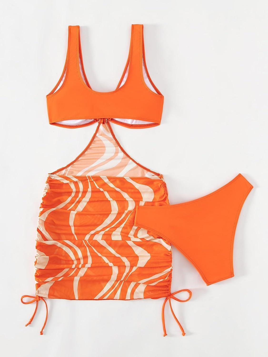 imageSOLY HUX Tankini Swimsuits for Women Allover Print V Neck Cut Out Drawstring Side Bathing Suits Two Piece SwimsuitOrange Print