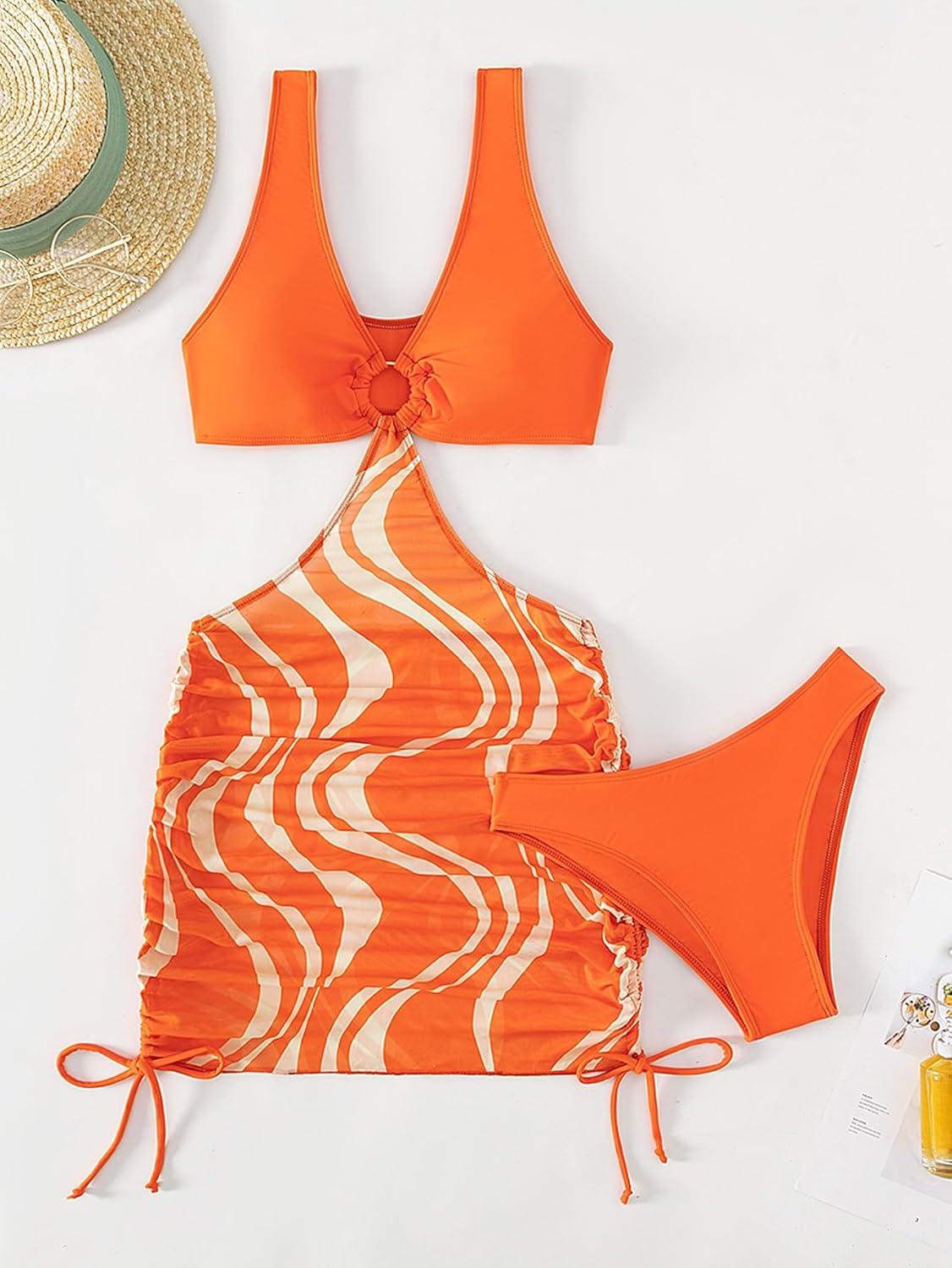 imageSOLY HUX Tankini Swimsuits for Women Allover Print V Neck Cut Out Drawstring Side Bathing Suits Two Piece SwimsuitOrange Print