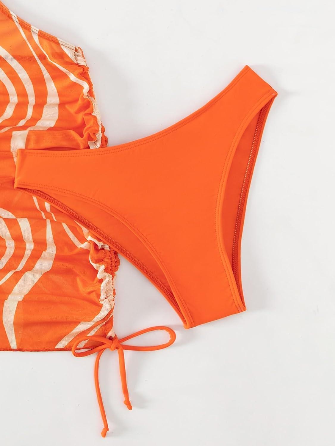 imageSOLY HUX Tankini Swimsuits for Women Allover Print V Neck Cut Out Drawstring Side Bathing Suits Two Piece SwimsuitOrange Print