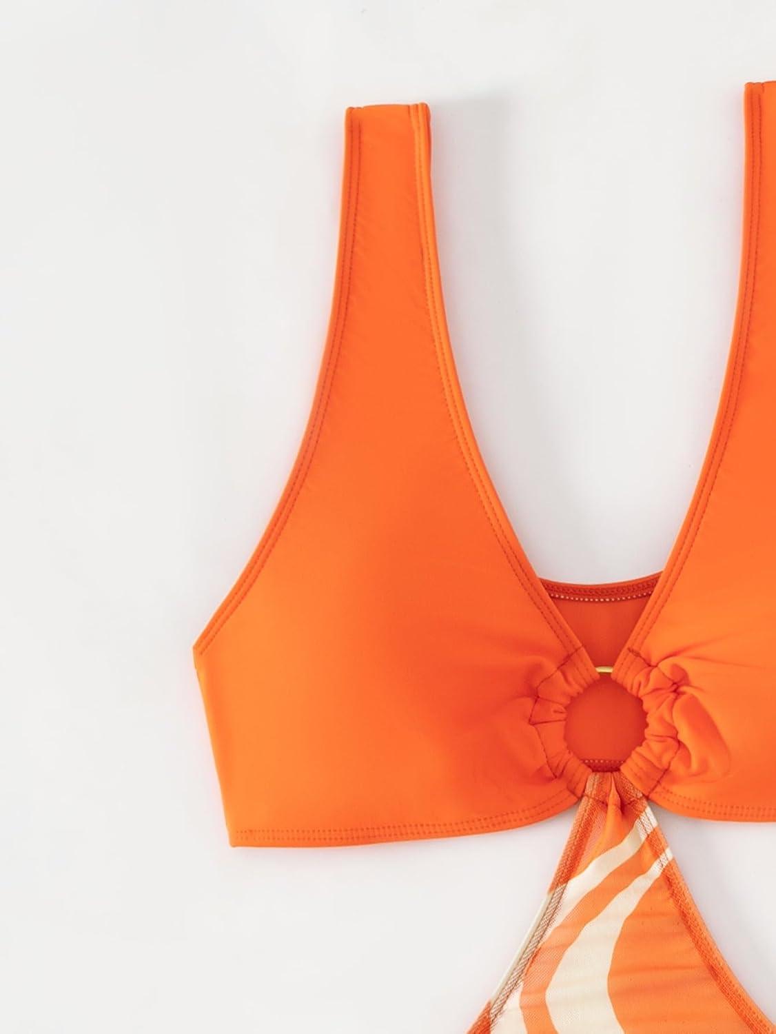 imageSOLY HUX Tankini Swimsuits for Women Allover Print V Neck Cut Out Drawstring Side Bathing Suits Two Piece SwimsuitOrange Print
