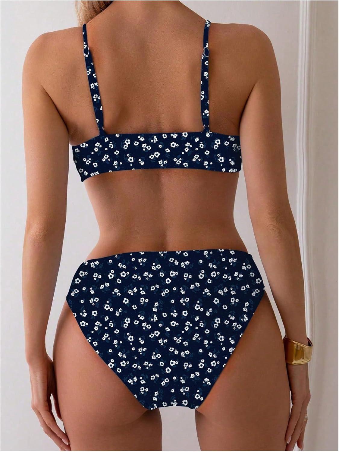 imageSOLY HUX Womens 2 Piece Bathing Suit Floral Print High Waisted Scoop Neck Cute Bikini Set BeachwearDark Blue Floral