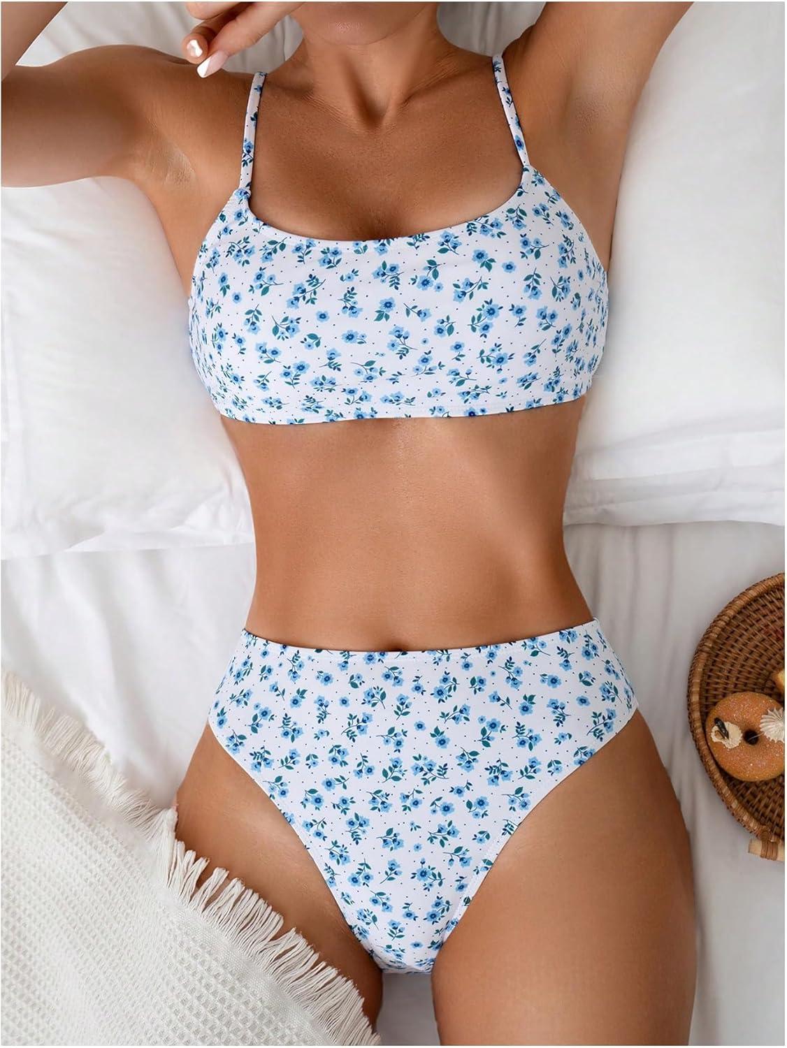 imageSOLY HUX Womens 2 Piece Bathing Suit Floral Print High Waisted Scoop Neck Cute Bikini Set BeachwearWhite Floral