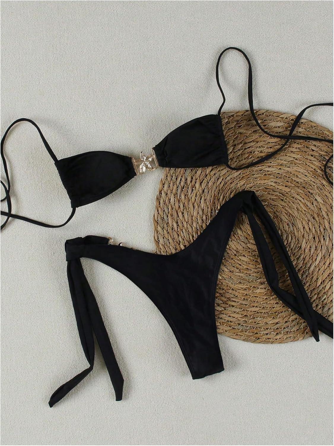 imageSOLY HUX Womens Bathing Suit Ring Linked High Cut String Bikini Set Tie Side Thong Two Piece SwimsuitSolid Black