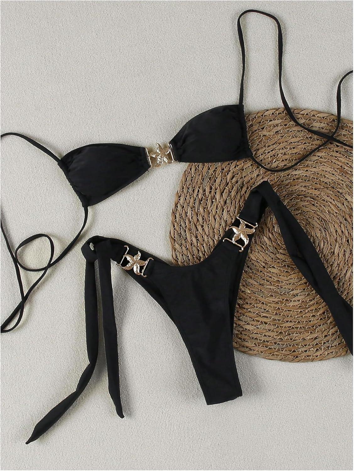 imageSOLY HUX Womens Bathing Suit Ring Linked High Cut String Bikini Set Tie Side Thong Two Piece SwimsuitSolid Black